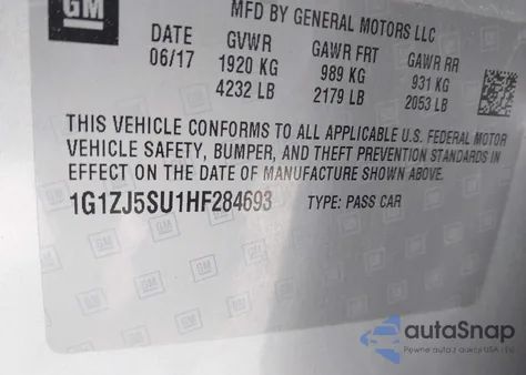 2017 Chevrolet Malibu Hybrid из США, поврежденный, VIN 1G1ZJ5SU1HF284693